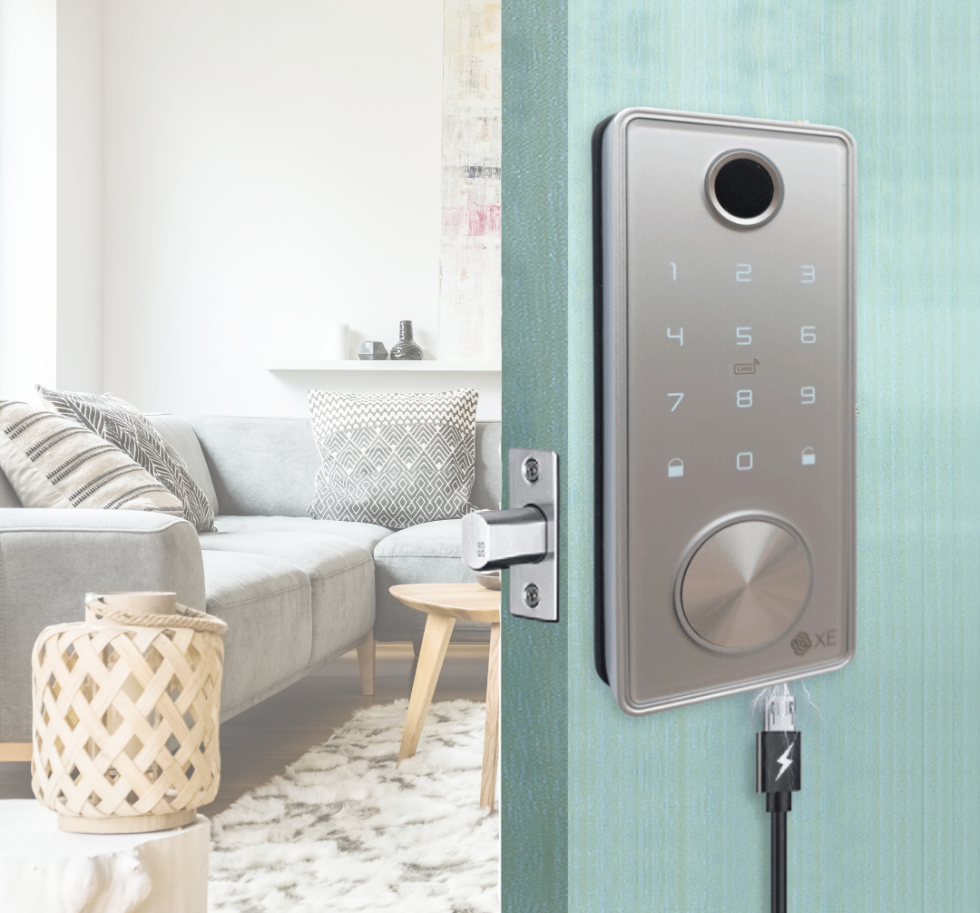 Cerradura gris app ttlock, tarjeta, huella, clave, llave material aluminio