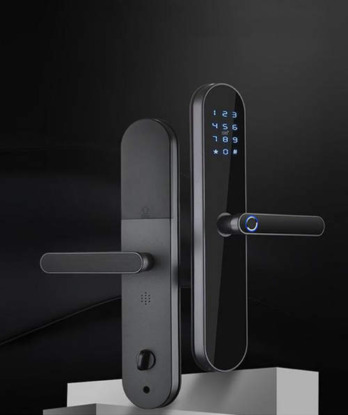 Cerradura inteligente de acero inoxidable gris con huella, tarjeta y clave