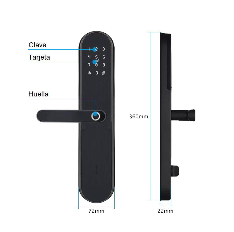 Cerradura inteligente de acero inoxidable gris con huella, tarjeta y clave