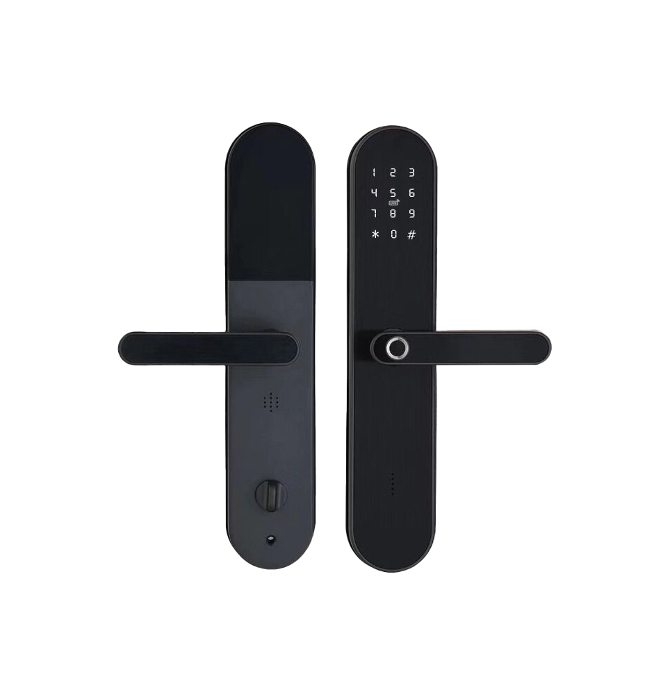 Cerradura inteligente de acero inoxidable gris con huella, tarjeta y clave