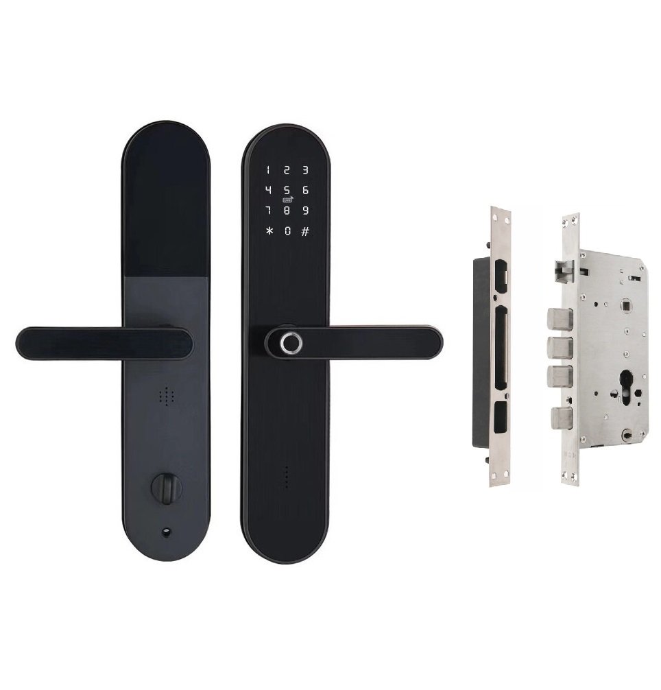 Cerradura inteligente de acero inoxidable gris con huella, tarjeta y clave