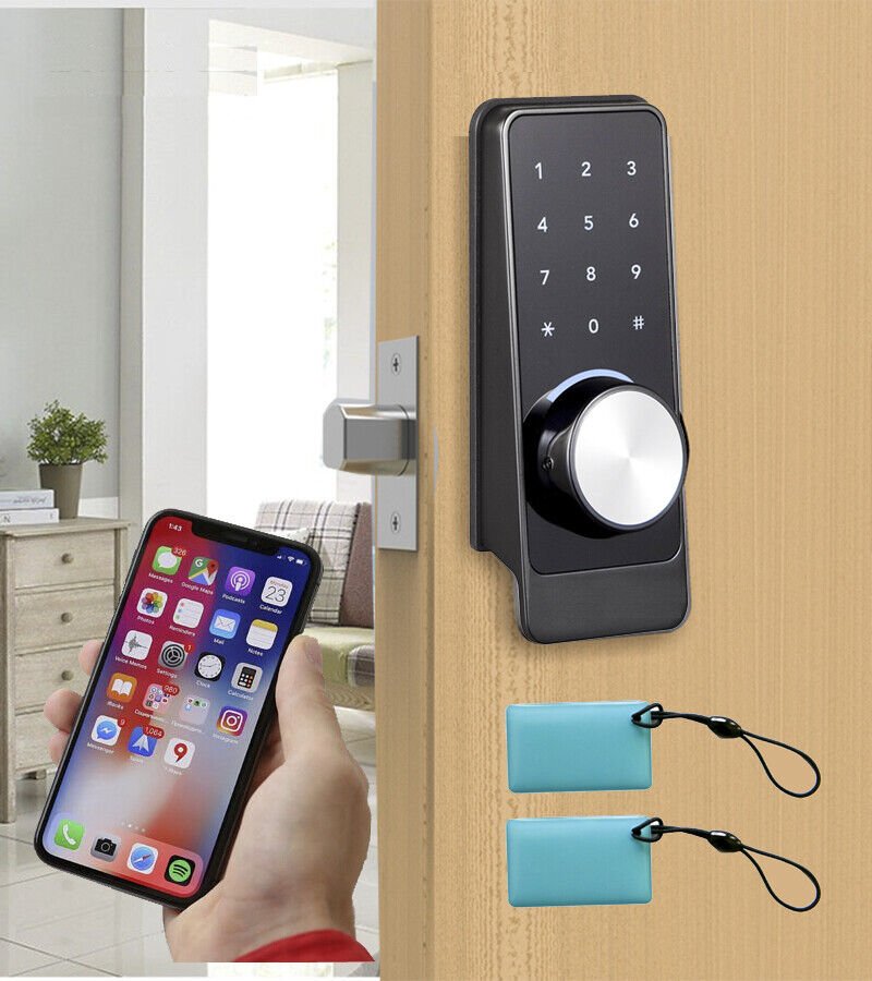 Cerradura digital negra especial para espacios airbnb clave, llave, tarjeta nfc,ap ttlock, material aleación de zinc + plastico
