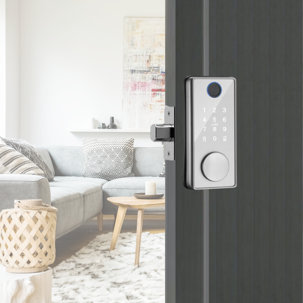 Cerradura color plateado app ttlock, tarjeta, huella, clave, llave, sensor interno material aluminio