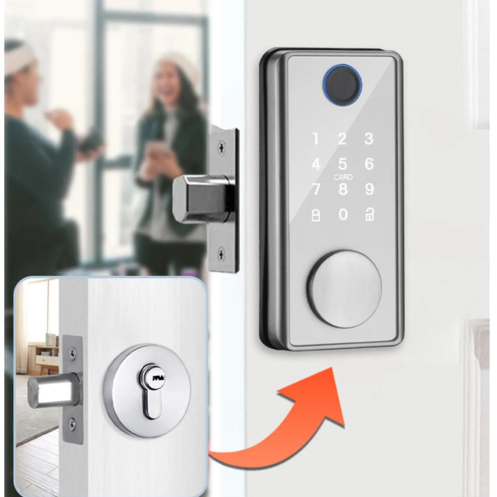 Cerradura color plateado app ttlock, tarjeta, huella, clave, llave, sensor interno material aluminio