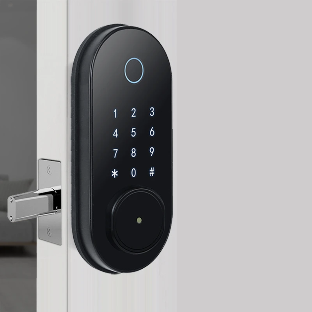 Cerradura negro app ttlock, tarjeta, huella, clave, llave, sensor interno material aluminio