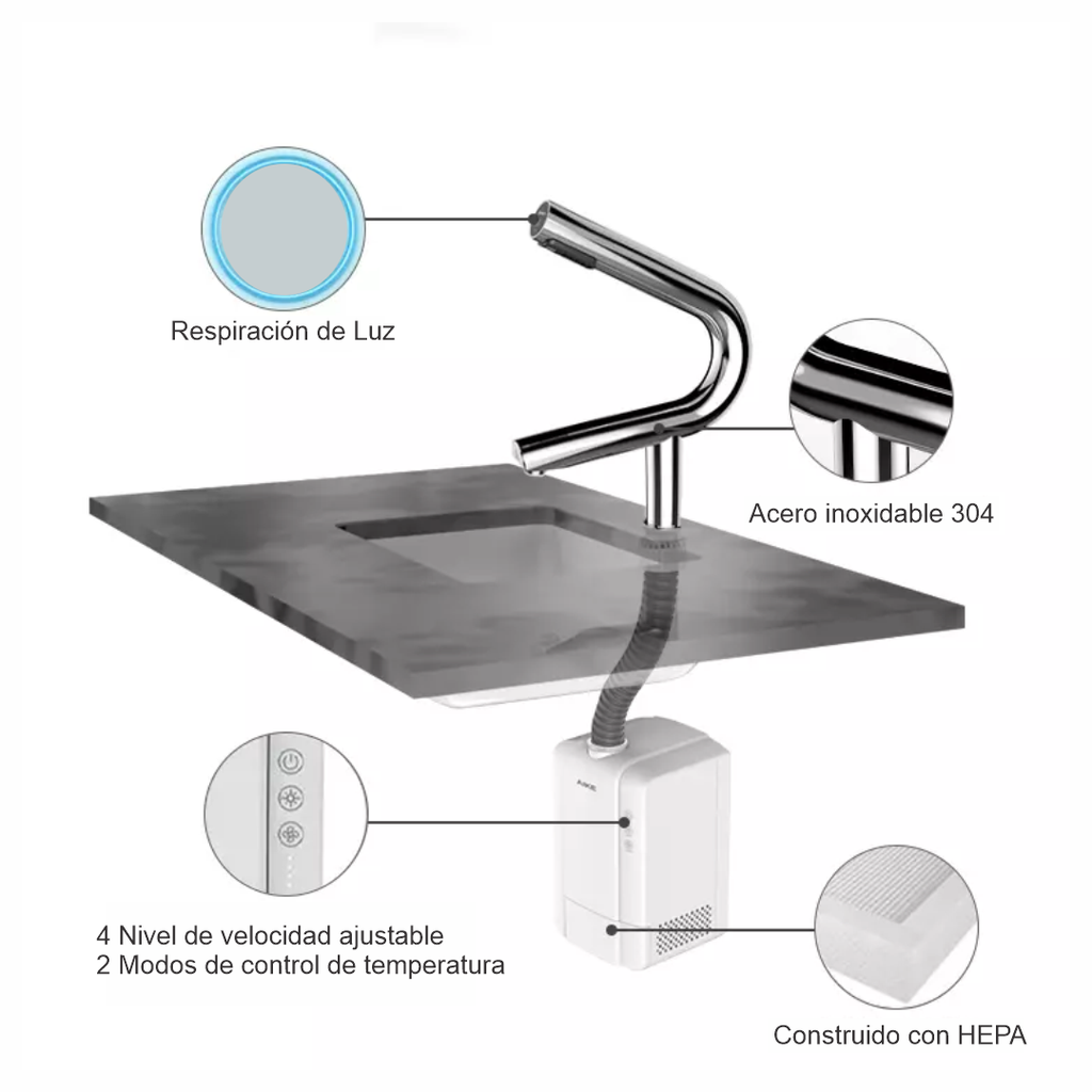 Secador de Manos con Grifo de Sensor Curvo en Acero Inoxidable con Filtro HEPA Satinado (Bajo Pedido)