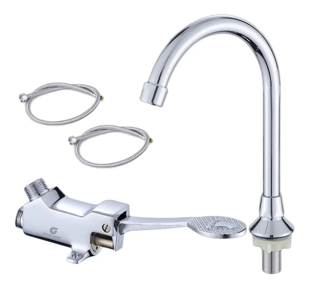 Kit Válvula Pedal Pie Largo con Cuello de Cisne y 2 Mangueras Metálicas